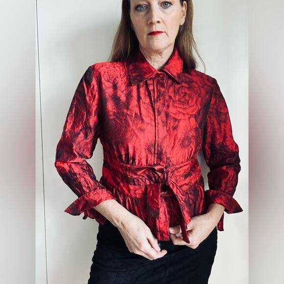 Vintage Womens Silk Blouse Floral Print Chili Red/Black 90s Designer Formal - Picture 11 of 11